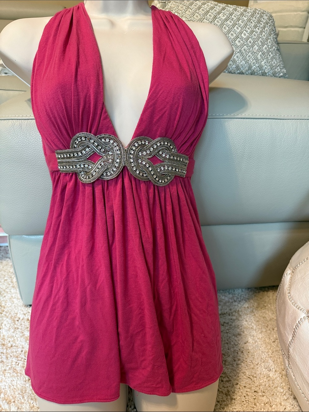 Sky Fuchsia pink v neck Halter Tank Top bling rhinestone silver belt sexy